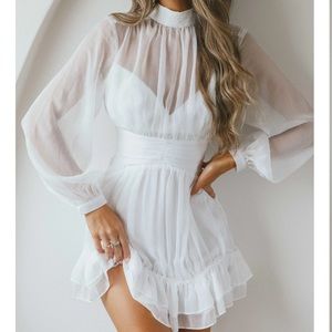 Selfie Leslie MANDALAY HIGH NECK LONG SLEEVE WAISTBAND DRESS WHITE